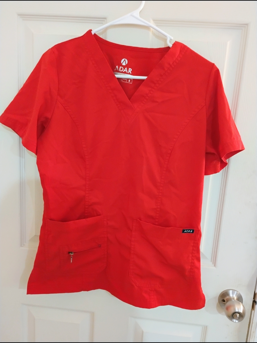 Adar Red V-Neck Scrub Top with Utility Pockets